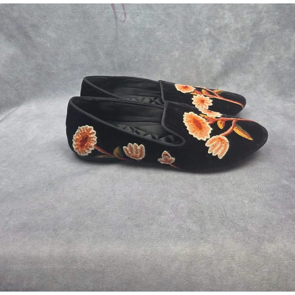 Birdies‎ Starling Black Velvet Floral Embroidered Loafers Shoes Womens 6 Donqun